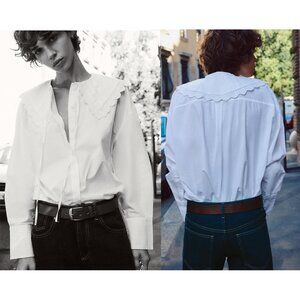 NEW ZARA bib collar poplin white shirt 0881